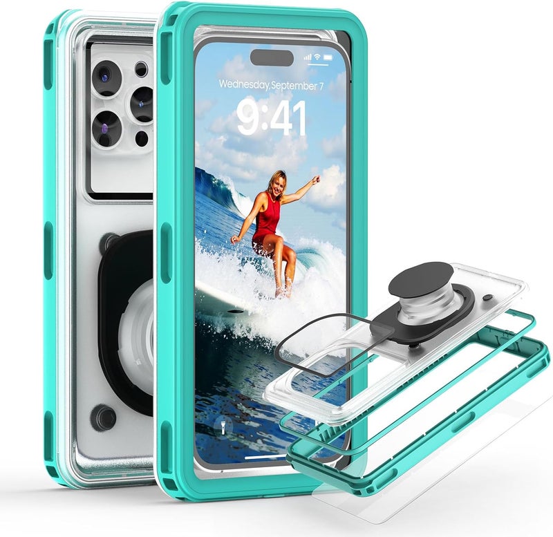 APRUT Waterproof Phone Pouch Case 7.5", 2025 Upgraded IPX8 Waterproof Phone Case for Snorkeling, Universal Fit for iPhone 16 Pro Max 15 14 13, Galaxy S25, Beach Vacation Essentials (Cyan) - Image 1
